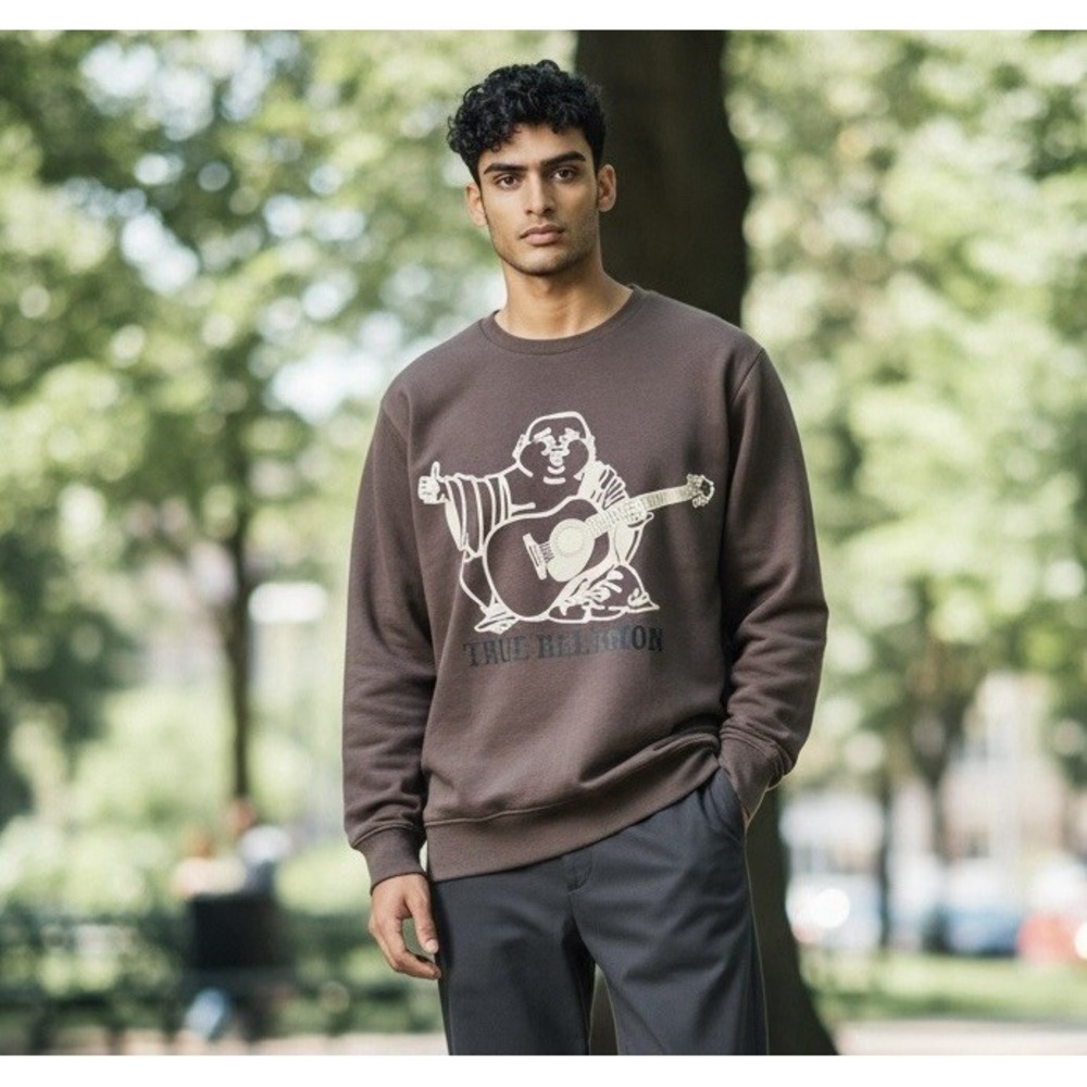 True Religion Buddha Embossed Graphic Brown Unisex Sm Crewneck Sweatshirt 42"